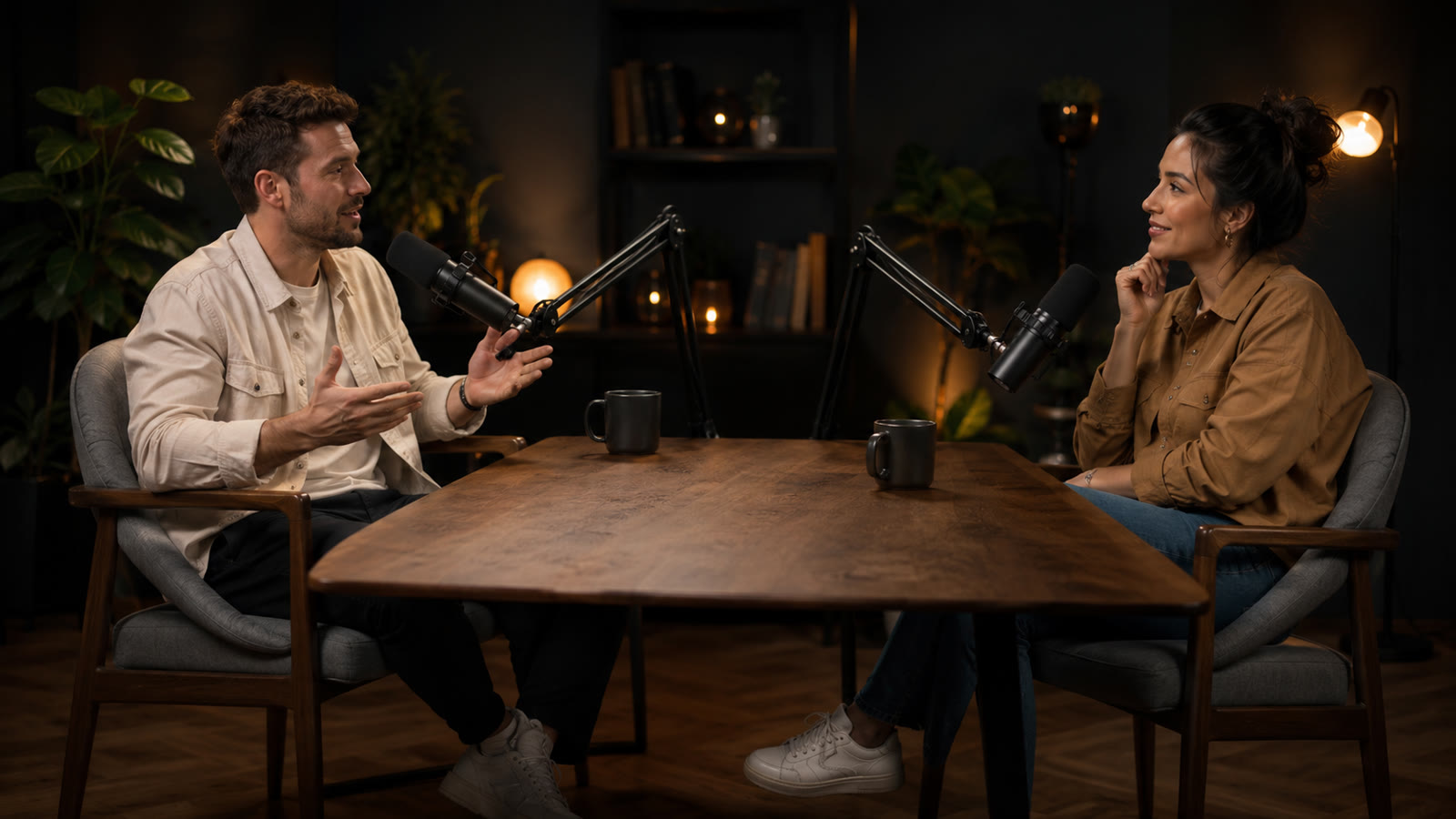 Two people recording a podcast
